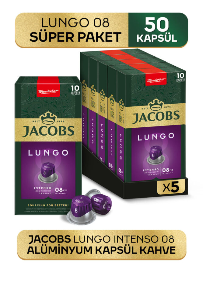 Jacobs Lungo 8 Intenso Nespresso Uyumlu Alüminyum Kapsül Kahve 10 Adet X 5 Paket