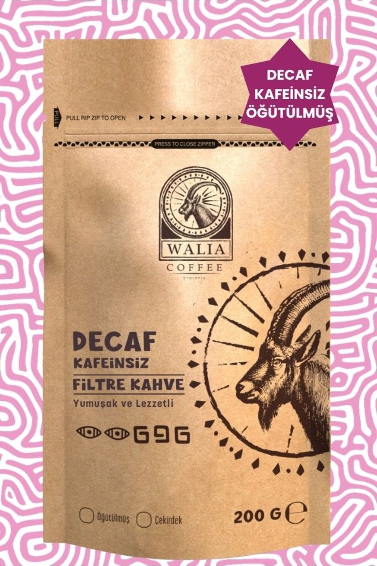 WALIA COFFEE ETHIOPIA DECAF KAFEİNSİZ ÖĞÜTÜLMÜŞ FİLTRE KAHVE 200 G