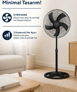 KUMTEL KTF-345 Siyah 18 İnç Ayaklı Vantilatör 60 W, 5 Pervaneli, 3 Kademeli, 132 cm - Görsel 3