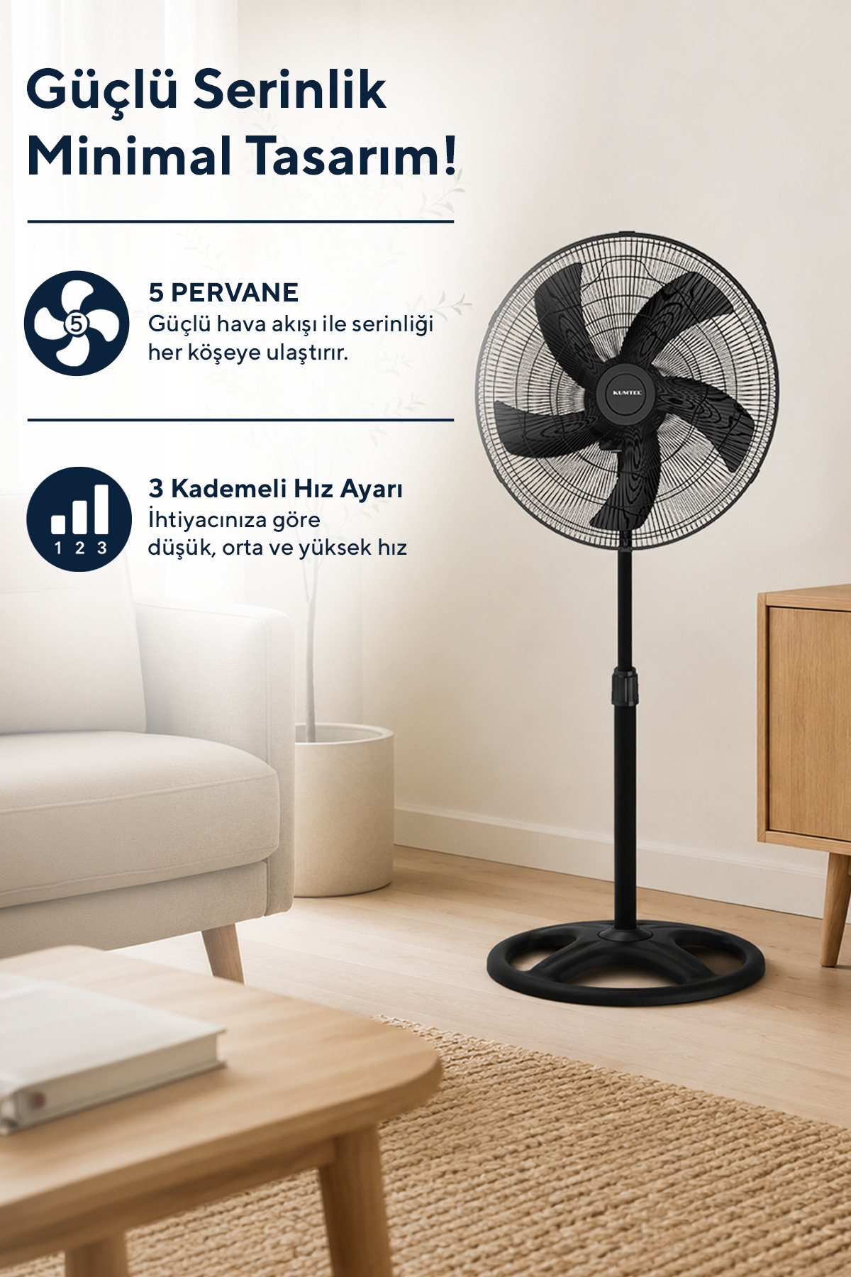 KUMTEL KTF-345 Siyah 18 İnç Ayaklı Vantilatör 60 W, 5 Pervaneli, 3 Kademeli, 132 cm - Görsel 3