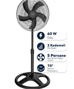 KUMTEL KTF-345 Siyah 18 İnç Ayaklı Vantilatör 60 W, 5 Pervaneli, 3 Kademeli, 132 cm