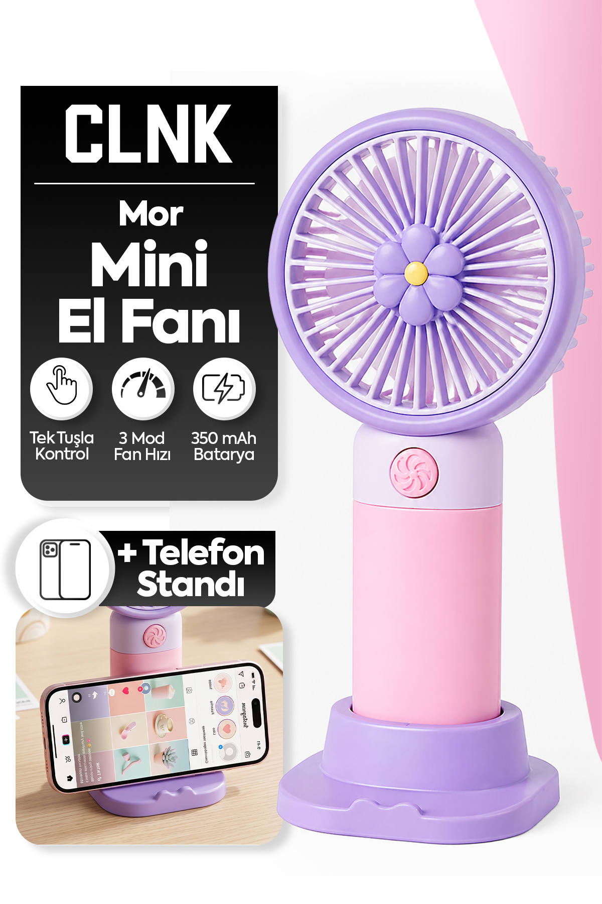 CLNK Mor Çiçek Tasarım 3 Kademeli Sessiz Mini El Masa Fan Vantilatör Turbo Üfleme Kademe Taşınabilir Fan