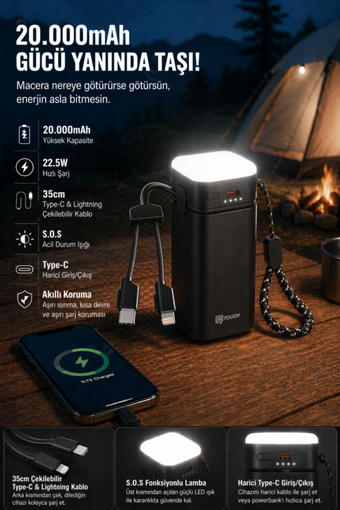 İntouch 20.000 Mah 22,5W PD Hızlı Kablolu Kamp Lambası Outdoor Serisi Powerbank Fast Led Lamba - Görsel 3