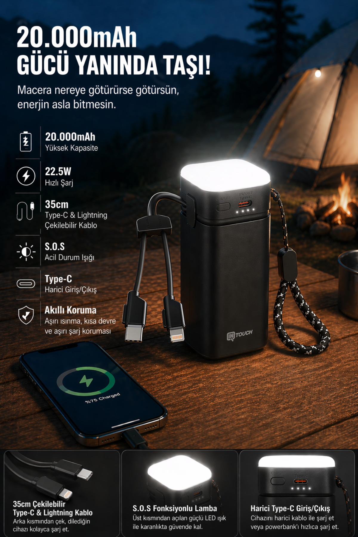İntouch 20.000 Mah 22,5W PD Hızlı Kablolu Kamp Lambası Outdoor Serisi Powerbank Fast Led Lamba - Görsel 3
