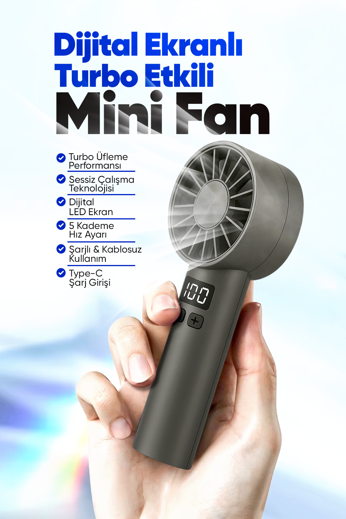 MOEN Taşınılabilir Şarjlı El Fanı Turbo Üfleme Teknolojisi, 6 Kademe Hız Ayarı, Yüksek Dayanıklılık