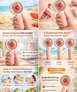 Keyfi Sepet Mini Taşınabilir El Fanı 3 Kademeli Şarjlı Sessiz Kompakt Meyve Tasarımlı Pembe Vantilatör - Görsel 3