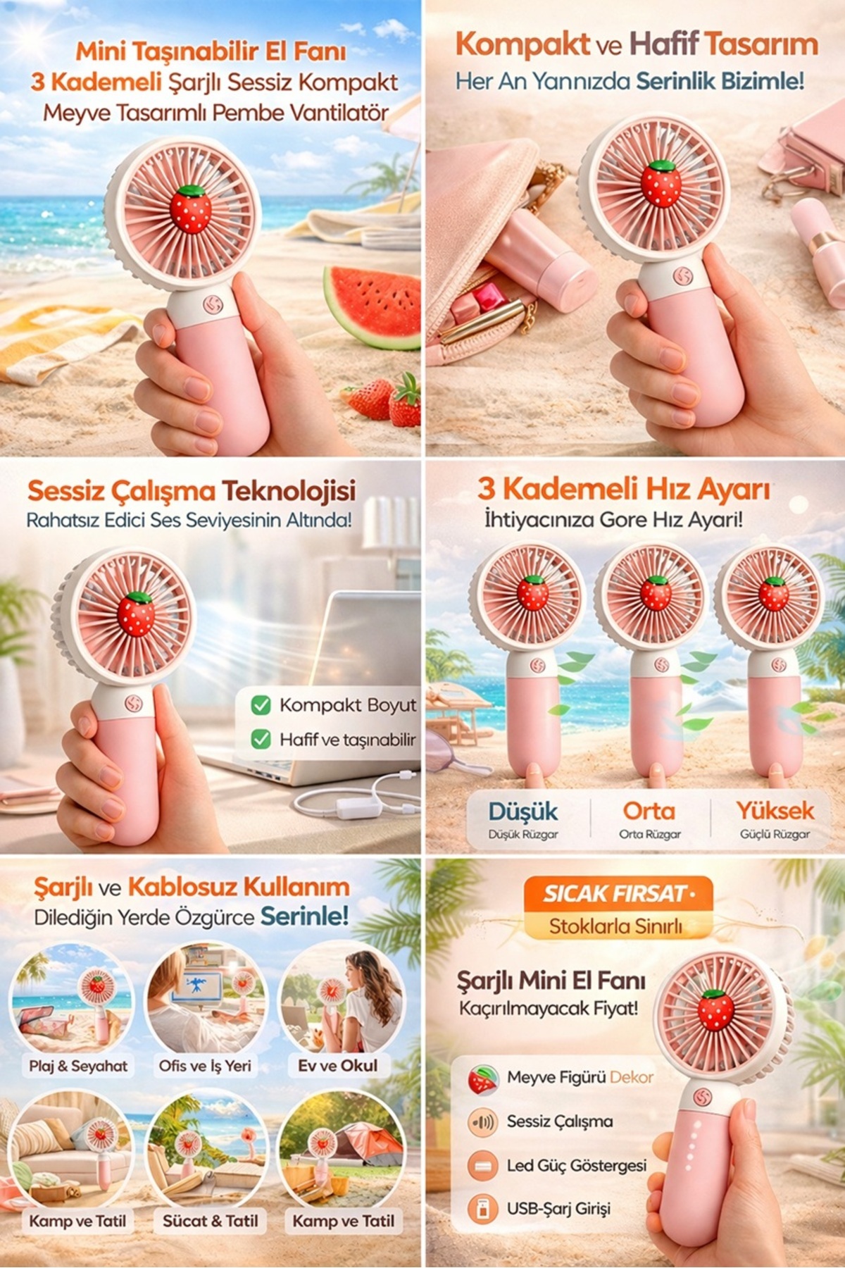 Keyfi Sepet Mini Taşınabilir El Fanı 3 Kademeli Şarjlı Sessiz Kompakt Meyve Tasarımlı Pembe Vantilatör - Görsel 3