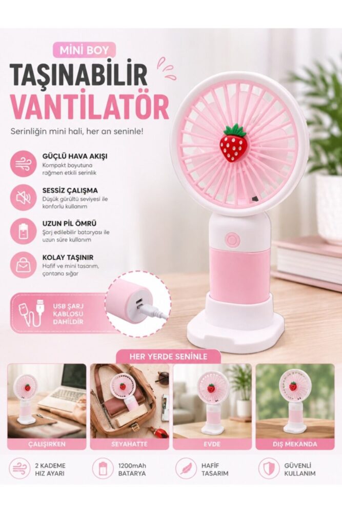 Keyfi Sepet Mini Taşınabilir El Fanı 3 Kademeli Şarjlı Sessiz Kompakt Meyve Tasarımlı Pembe Vantilatör