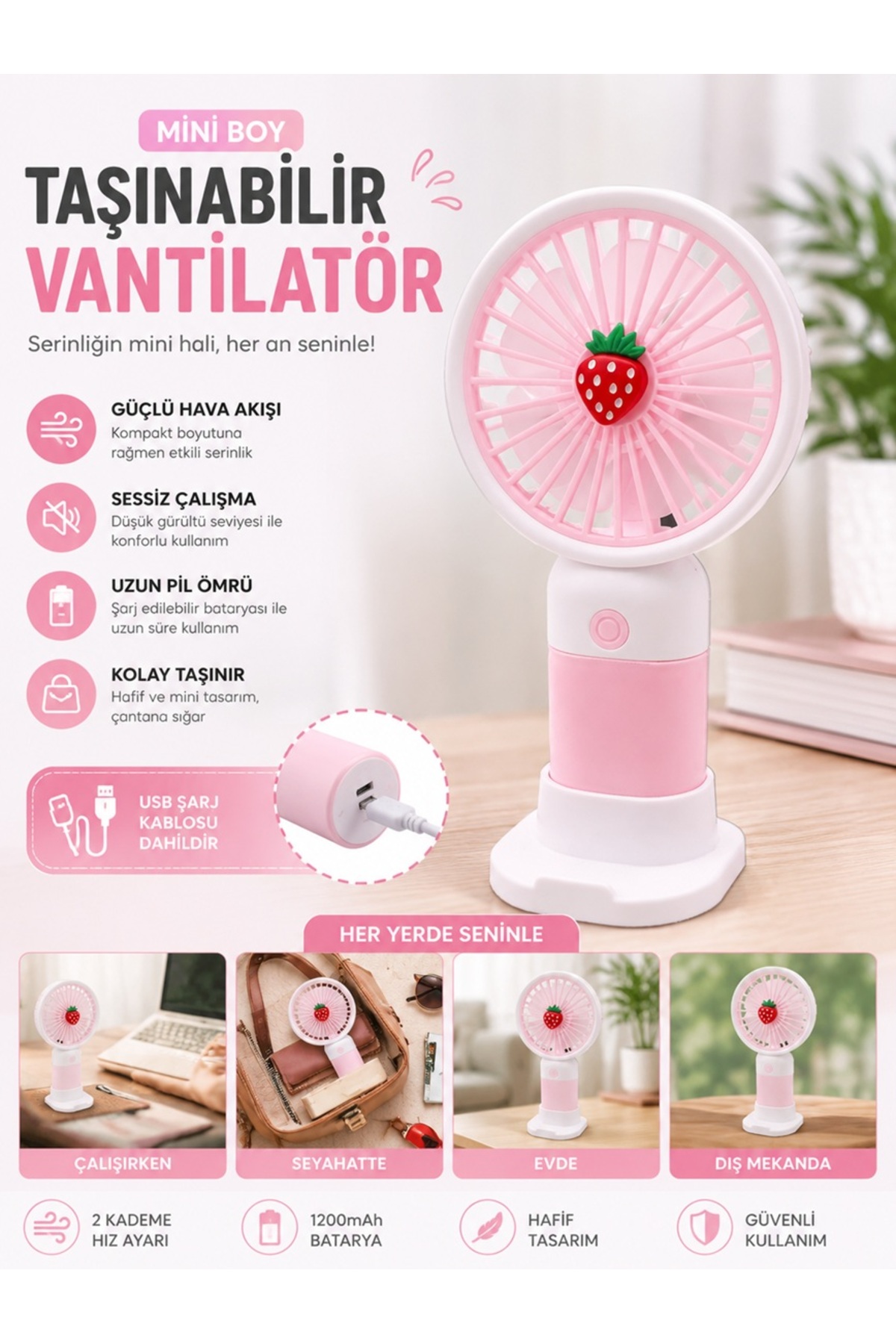 Keyfi Sepet Mini Taşınabilir El Fanı 3 Kademeli Şarjlı Sessiz Kompakt Meyve Tasarımlı Pembe Vantilatör