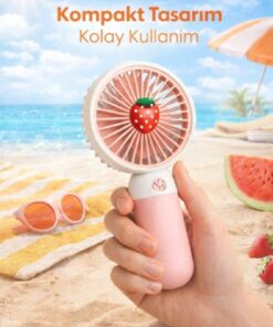 Alternative view of Keyfi Sepet Mini Taşınabilir El Fanı 3 Kademeli Şarjlı Sessiz Kompakt Meyve Tasarımlı Pembe Vantilatör