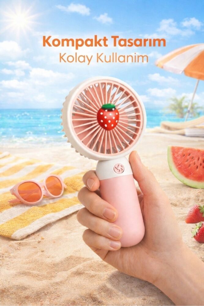 Keyfi Sepet Mini Taşınabilir El Fanı 3 Kademeli Şarjlı Sessiz Kompakt Meyve Tasarımlı Pembe Vantilatör - Görsel 2