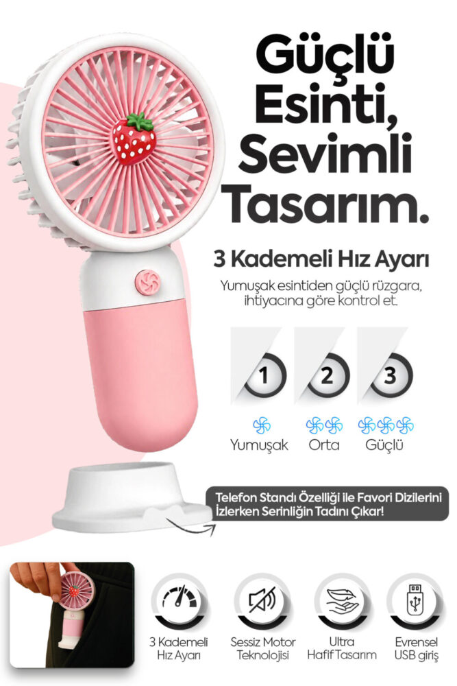 Kitchen Time ÇİLEK Tasarım 3 Kademeli Sessiz Mini El Masa Fan Vantilatör Turbo Üfleme Kademe Taşınabilir Fan - Görsel 2