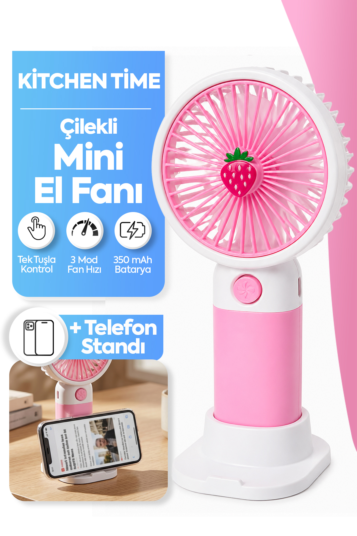 Kitchen Time ÇİLEK Tasarım 3 Kademeli Sessiz Mini El Masa Fan Vantilatör Turbo Üfleme Kademe Taşınabilir Fan