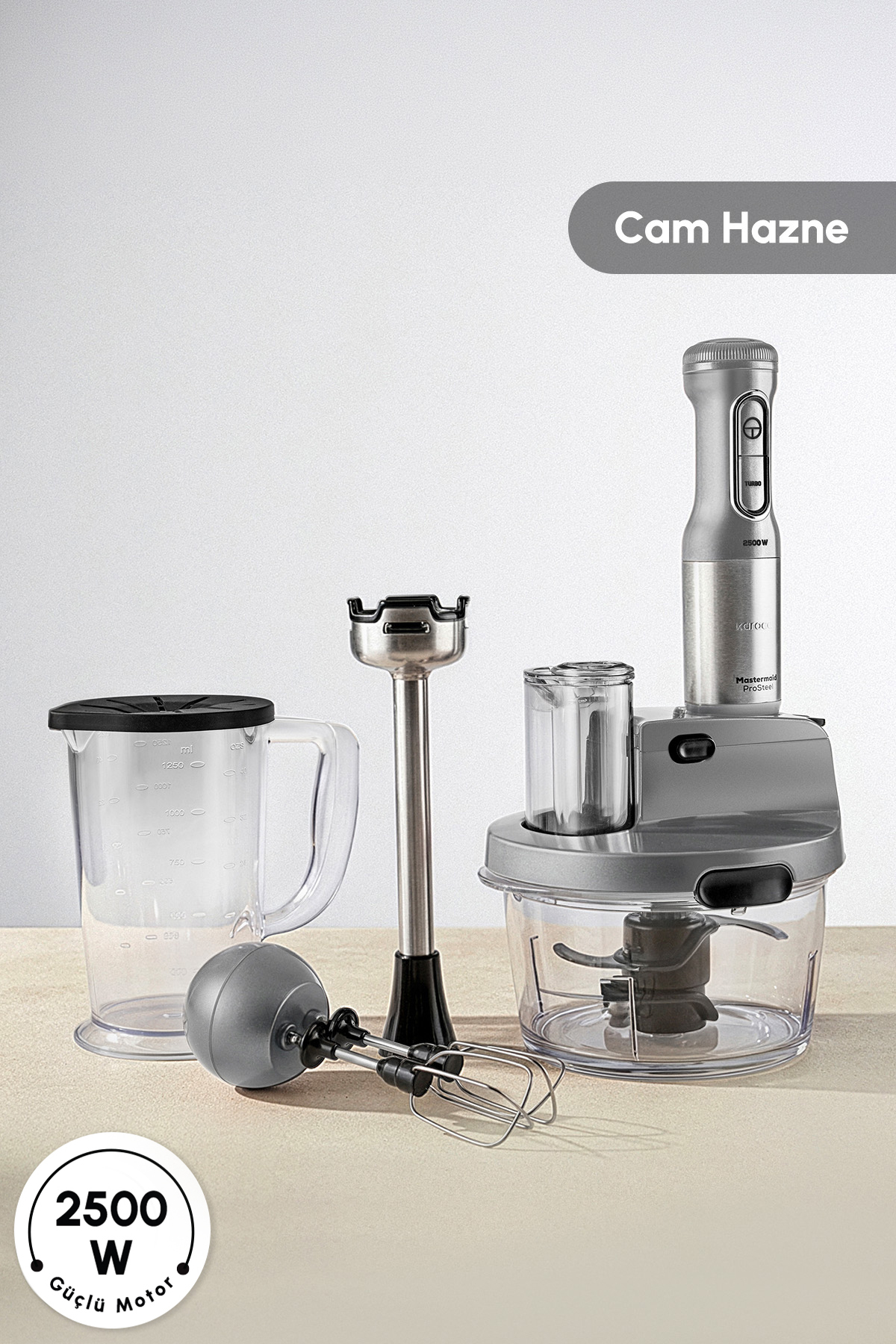 Karaca Mastermaid Prosteel Cam Mutfak Robotu Uzun Blender Ayaklı 6 Bıçaklı 2500 W Galaxy Grey