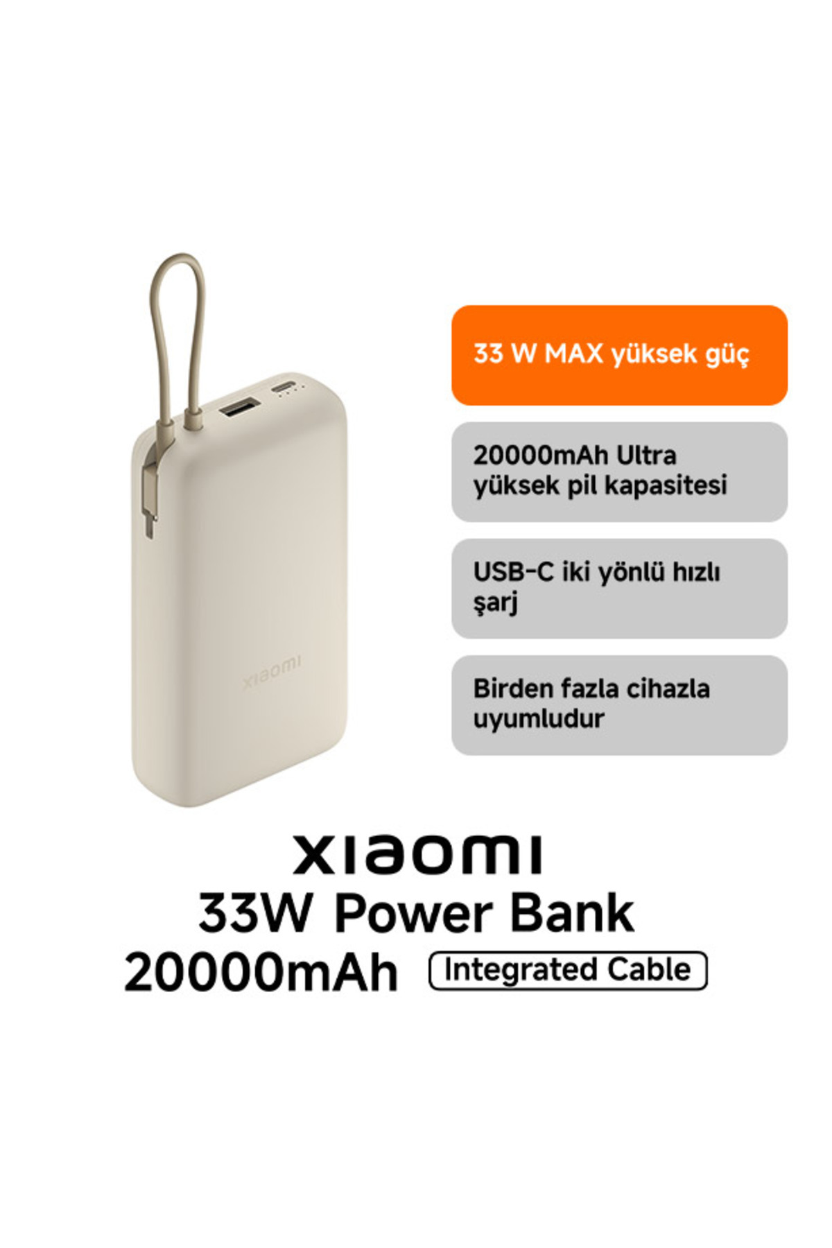 Xiaomi Power Bank USB ve USB-C Portu ve USB-C Entegre Kablo 20000mAh 33W BHR8851GL - Tan