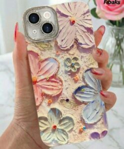 Fibaks iPhone 13 Kılıf Renk Değiştiren Taşlı Kamera Lens Korumalı Pembe Çiçek Desenli Darbe Emici Kapak