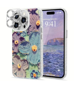Fibaks iPhone 13 Kılıf Renk Değiştiren Taşlı Kamera Lens Korumalı Pembe Çiçek Desenli Darbe Emici Kapak - Görsel 3