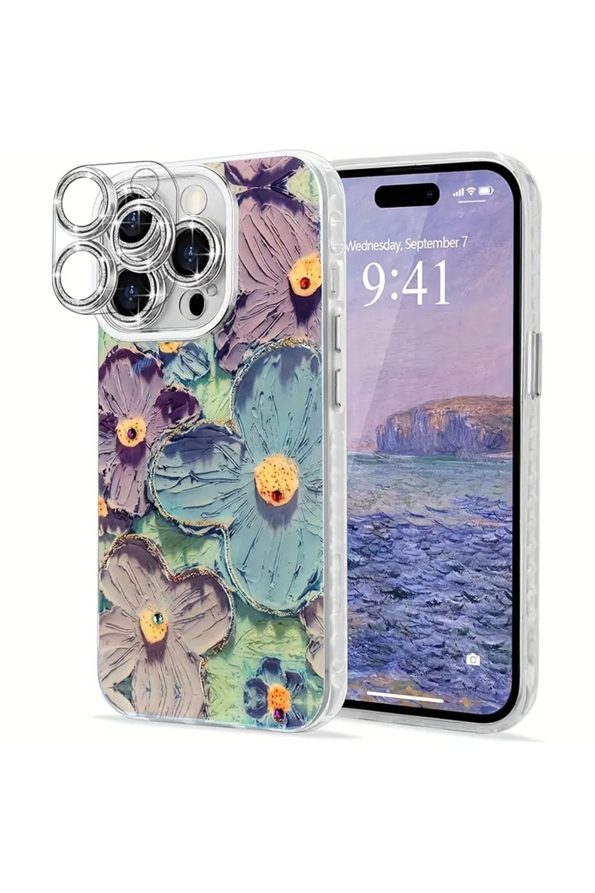 Fibaks iPhone 13 Kılıf Renk Değiştiren Taşlı Kamera Lens Korumalı Pembe Çiçek Desenli Darbe Emici Kapak - Görsel 3