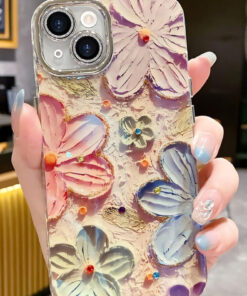 Alternative view of Fibaks iPhone 13 Kılıf Renk Değiştiren Taşlı Kamera Lens Korumalı Pembe Çiçek Desenli Darbe Emici Kapak