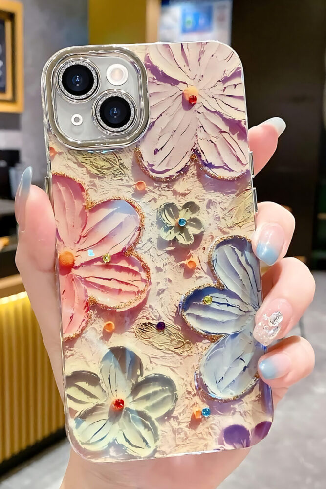Fibaks iPhone 13 Kılıf Renk Değiştiren Taşlı Kamera Lens Korumalı Pembe Çiçek Desenli Darbe Emici Kapak - Görsel 2