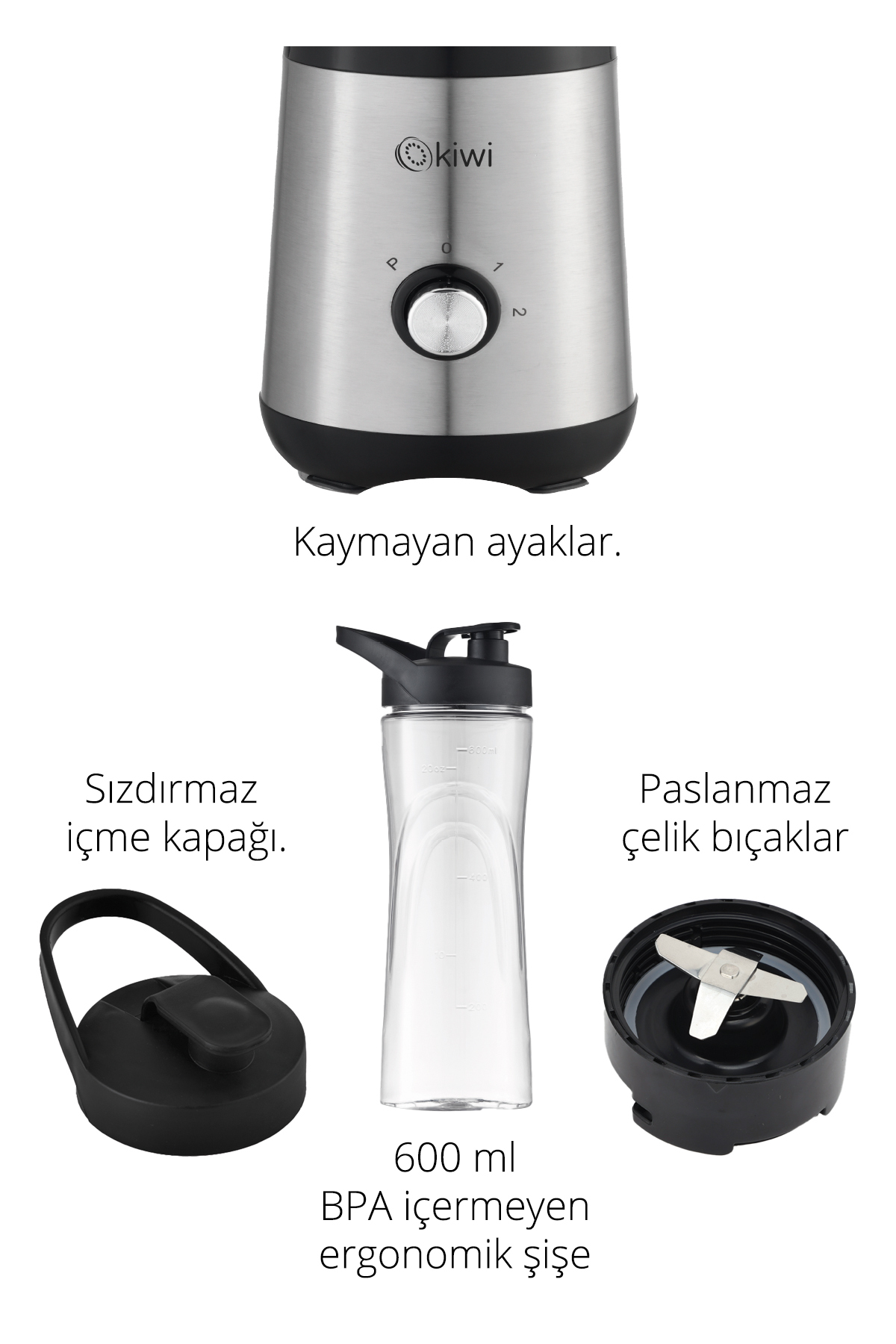 Kiwi Ksb-2240 Standlı Paslanmaz Çelik Sporcu Blender - Kişisel Smoothie Blender 600 ml Bardaklı - Görsel 3