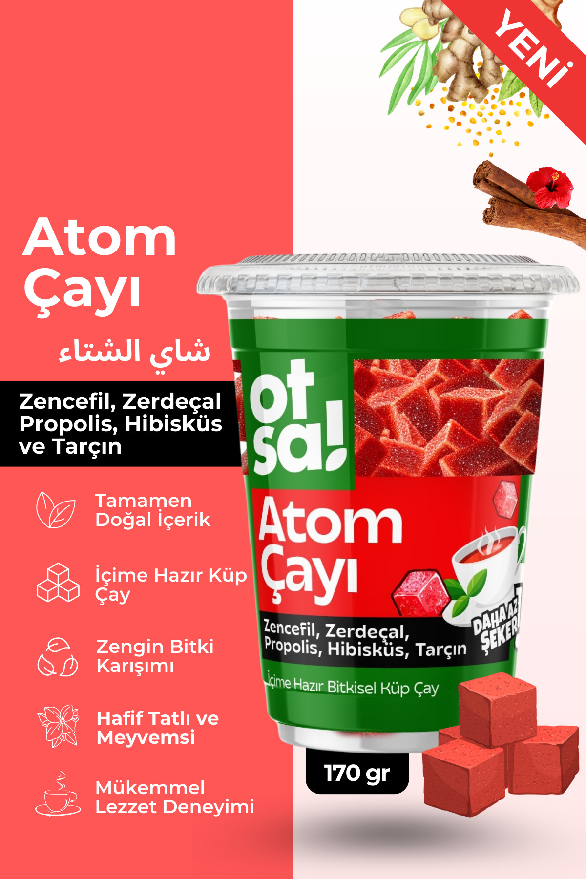 Otsa Zencefil Özlü, Hibiskus, Tarçın ve Zerdeçal Harmanlı, Doğal ve Enerji Verici Atom Çayı – 170 g