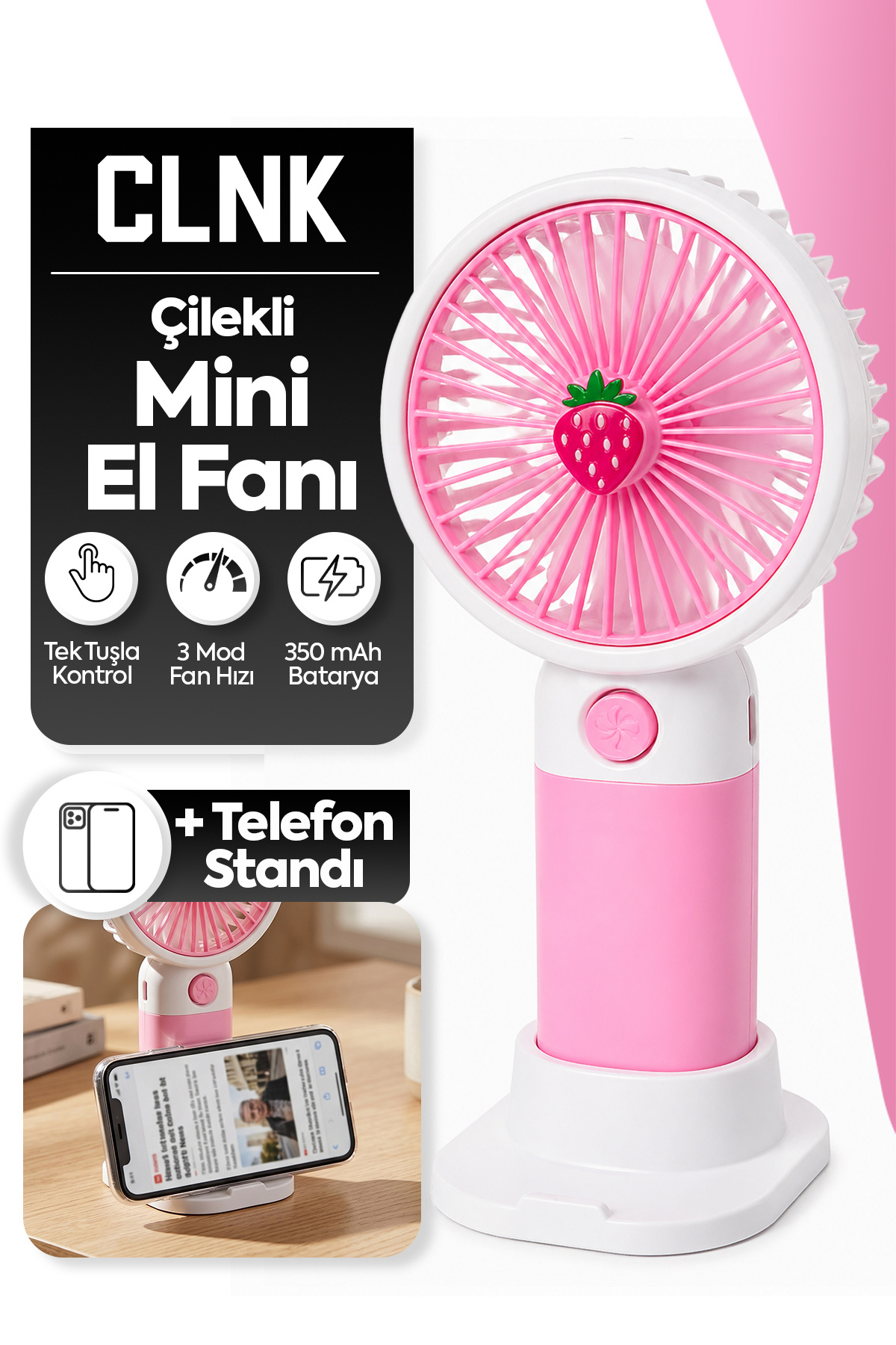 CLNK ÇİLEK Tasarım 3 Kademeli Sessiz Mini El Masa Fan Vantilatör Turbo Üfleme Kademe Taşınabilir Fan