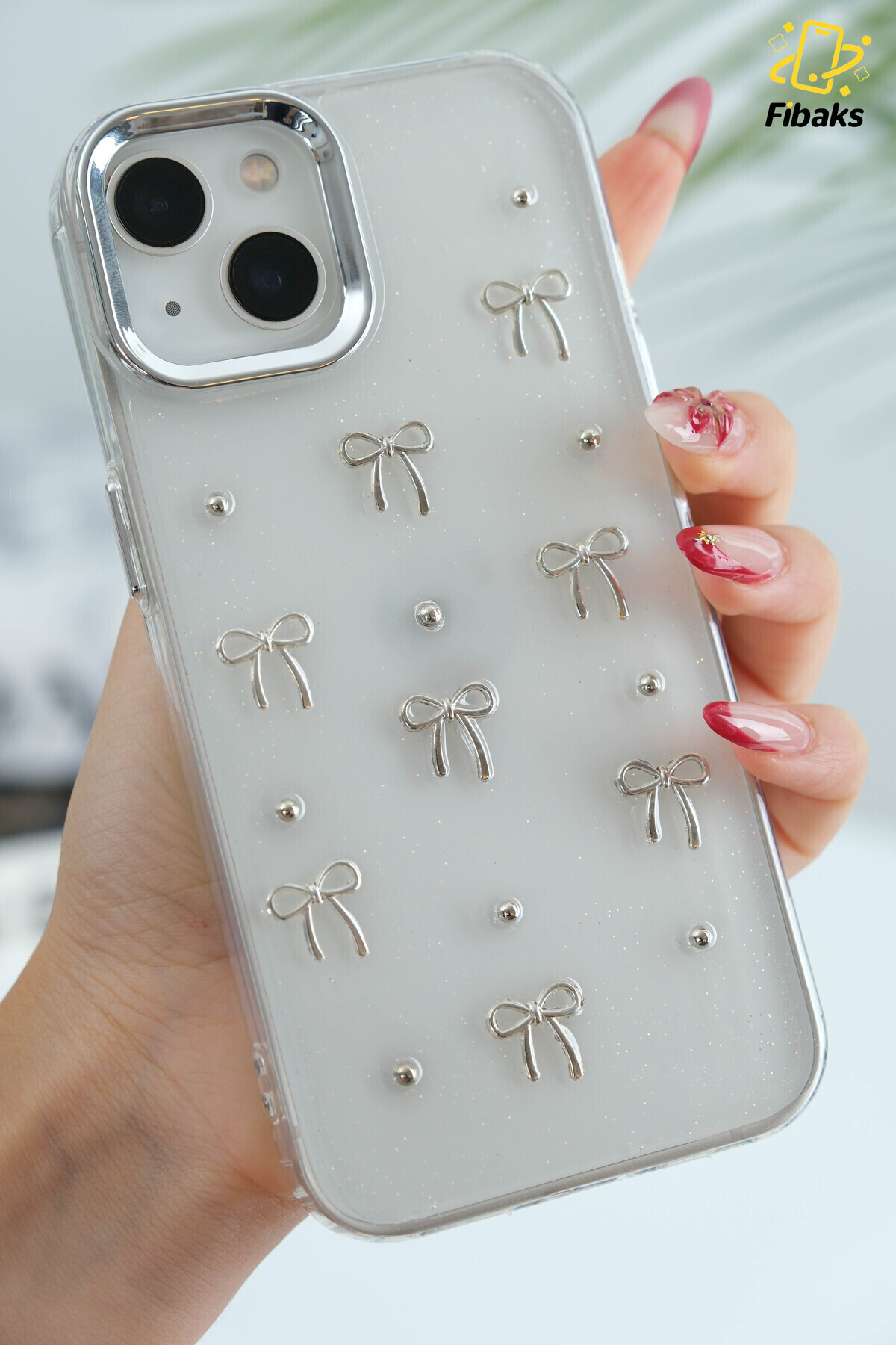 Fibaks iPhone 13/14/15 Kılıf Fiyonk Desenli Şeffaf Simli Gümüş Kamera Çıkıntılı Parlak Kapak - Görsel 3