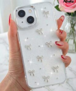 Fibaks iPhone 13/14/15 Kılıf Fiyonk Desenli Şeffaf Simli Gümüş Kamera Çıkıntılı Parlak Kapak