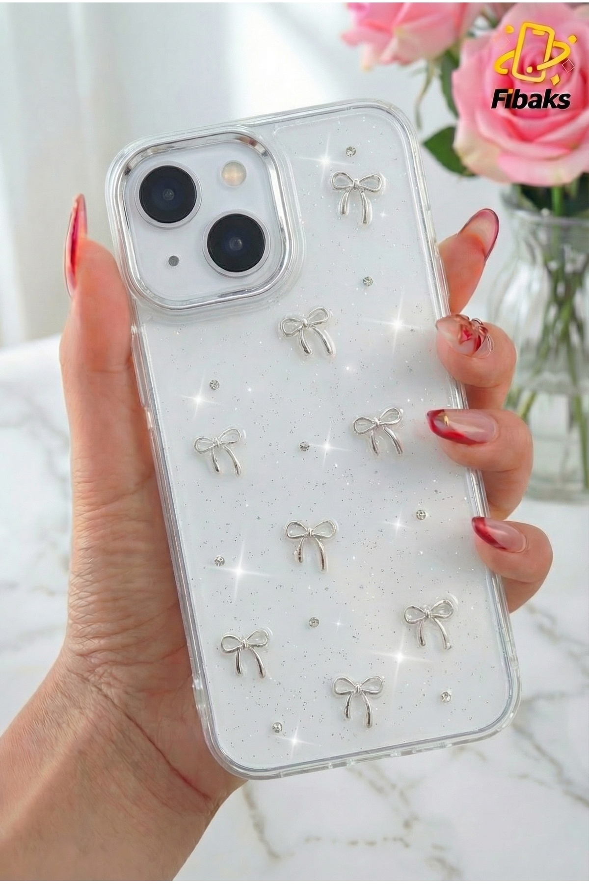 Fibaks iPhone 13/14/15 Kılıf Fiyonk Desenli Şeffaf Simli Gümüş Kamera Çıkıntılı Parlak Kapak