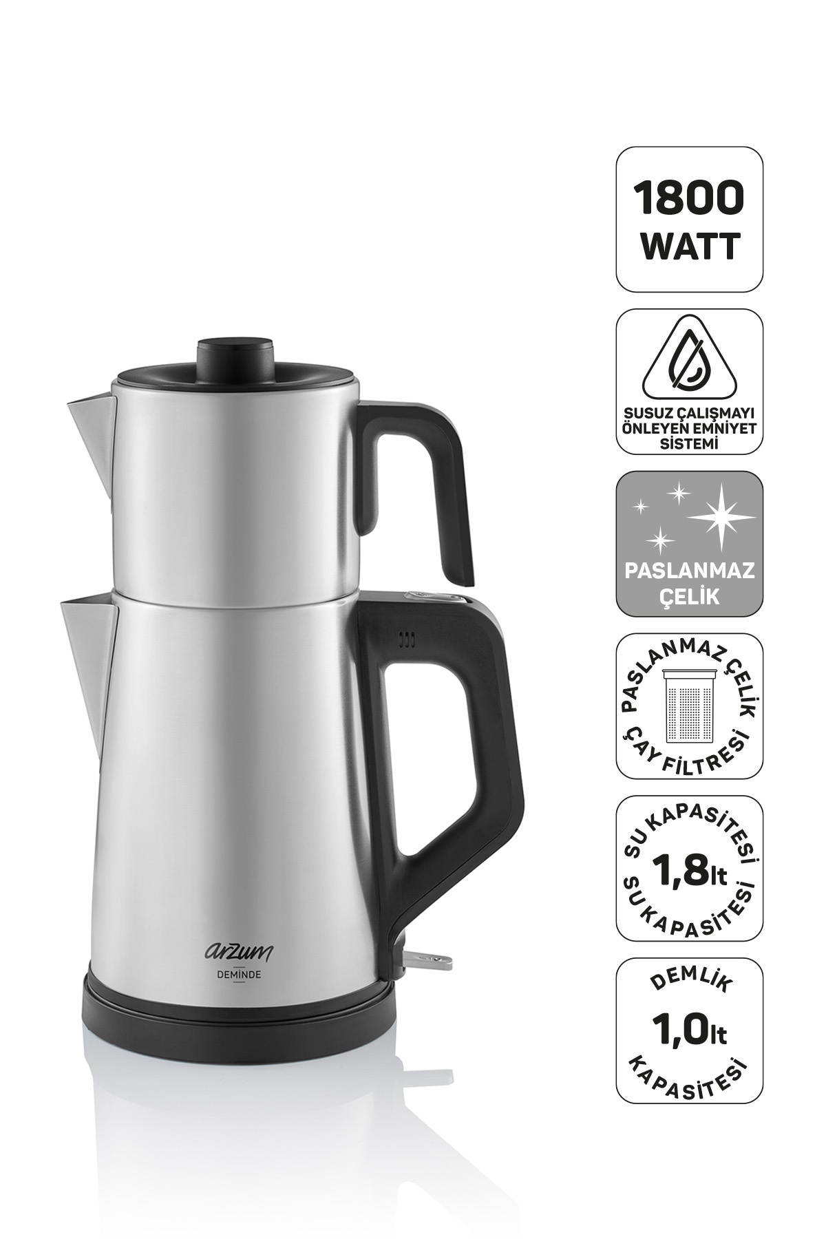 Arzum AR3129 Deminde Çay Makinesi 1800W, 1 L Demlik Kapasitesi, Inox