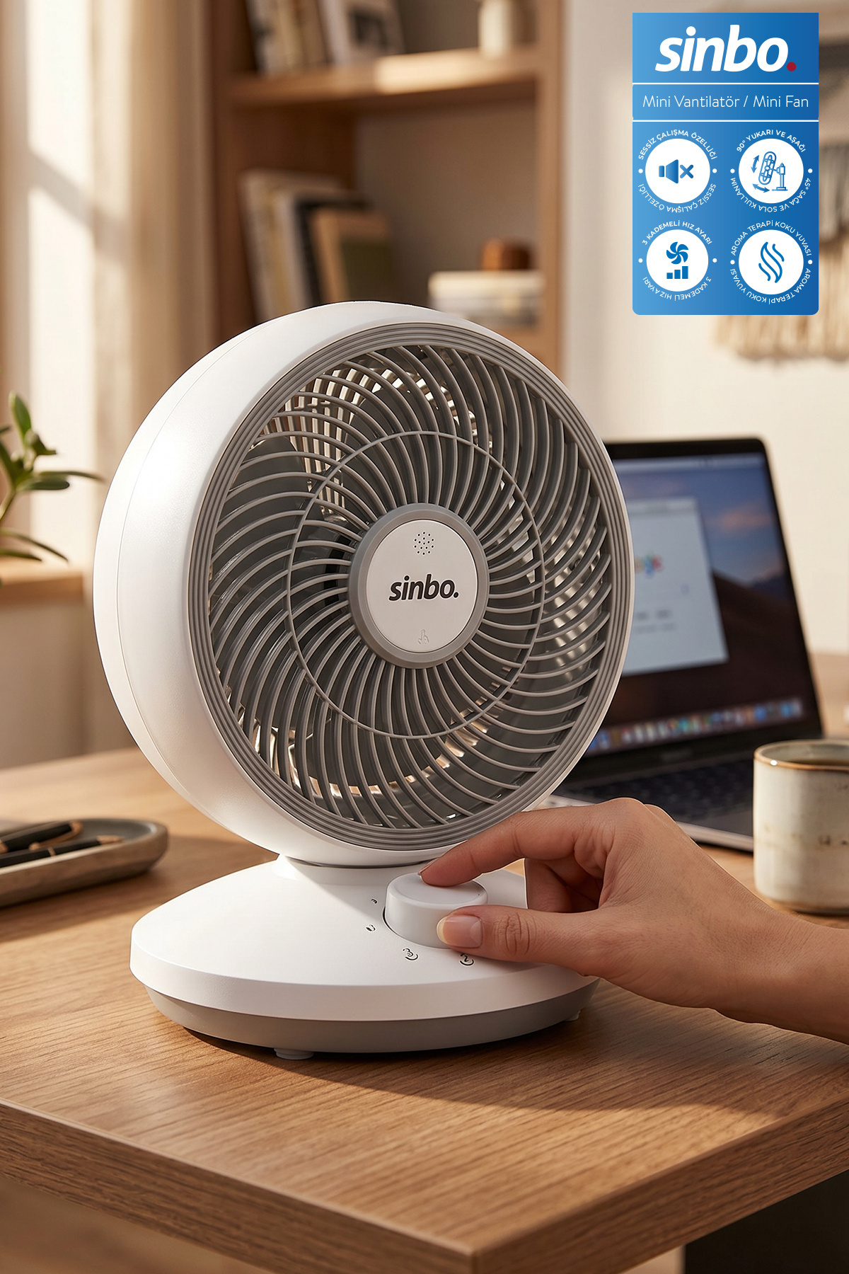 Sinbo SF-7701 Sessiz Mini Vantilatör Aroma Terapi Koku Yuvalı Otomatik Salınımlı Masaüstü Fan