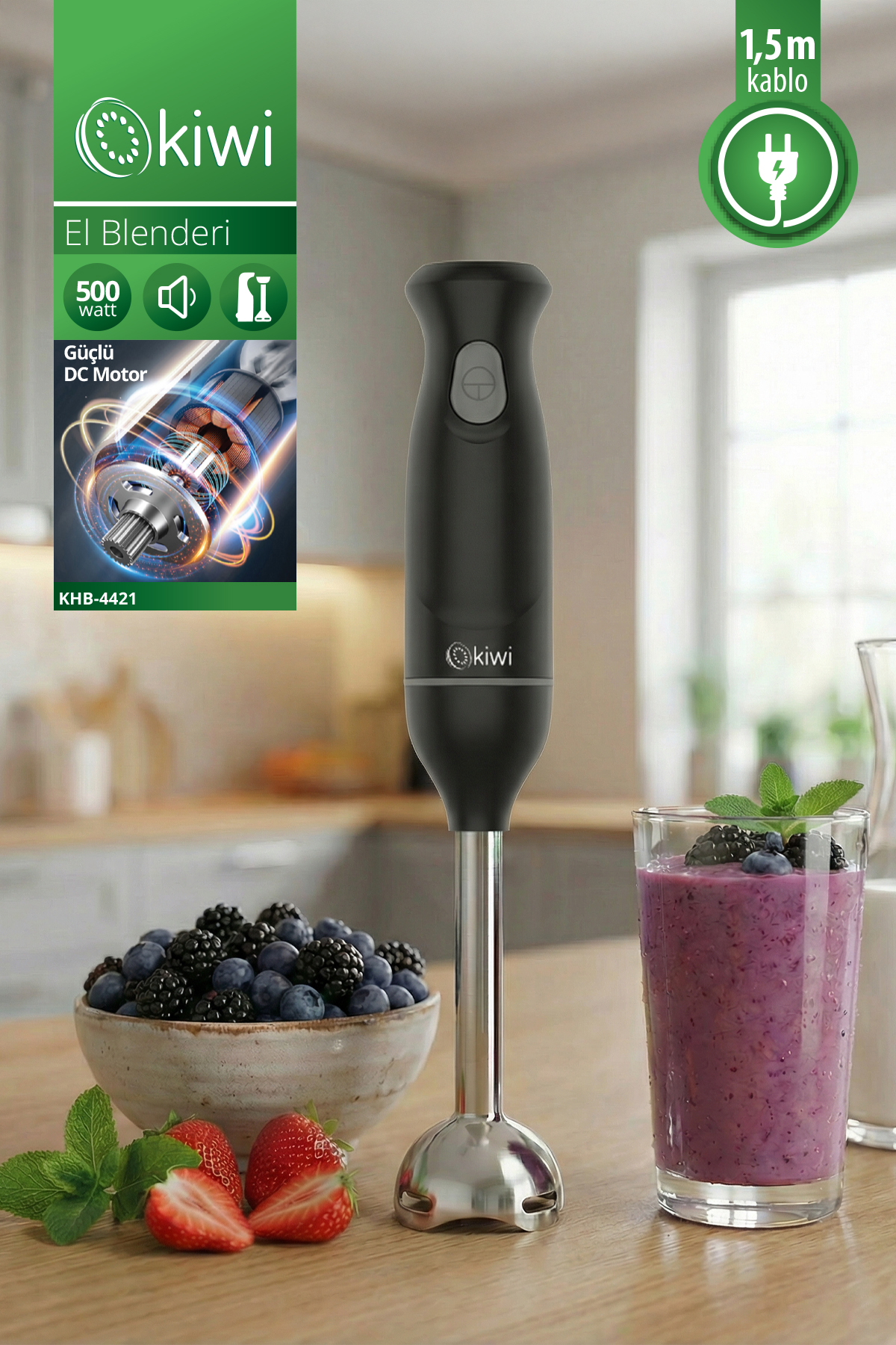 Kiwi KHB-4421 Paslanmaz Çelik Bıçaklı El Blenderi | 500 Watt & Sessiz Motor & 1,5 m Güç Kablosu