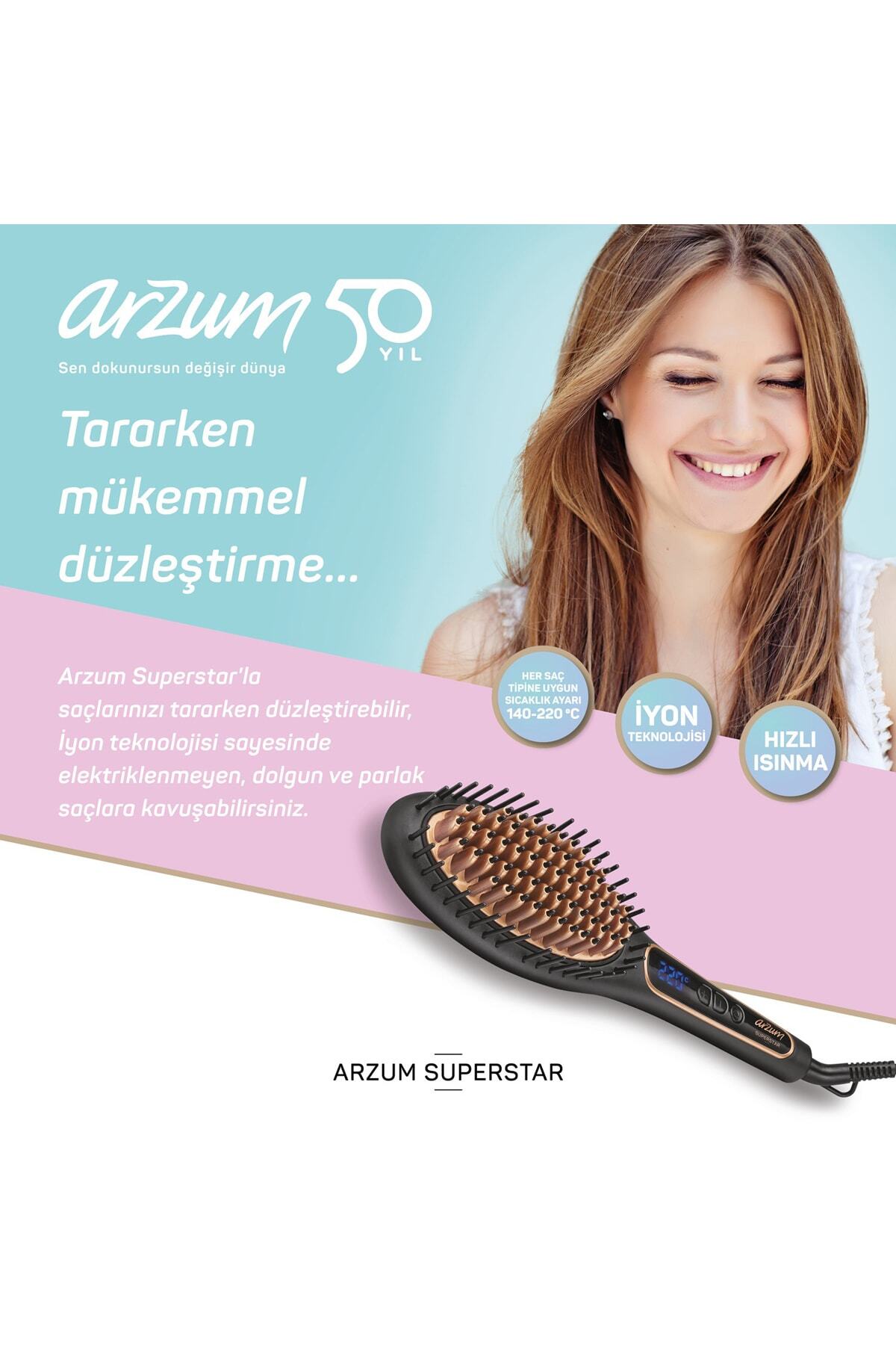 Arzum AR5036 Superstar Turmalin İyon Saç Düzleştirici Fırça, Otomatik Kapanma, Siyah - Görsel 3
