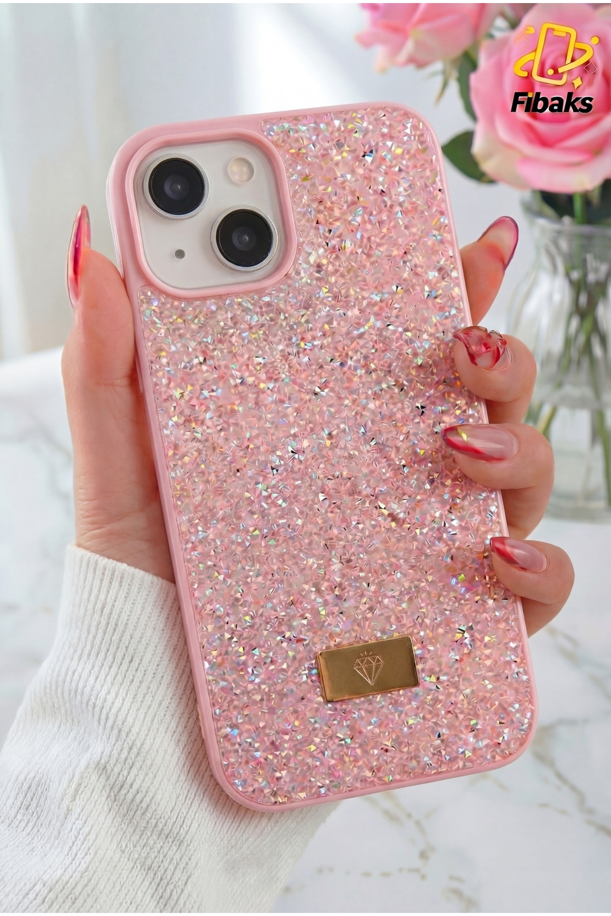 Fibaks iPhone 15/14/13 Kılıf Işıltılı Aşk Serisi Taşlı Kamera Çerçeveli Kalp Desenli İnci Görünümlü Silikon - Görsel 3