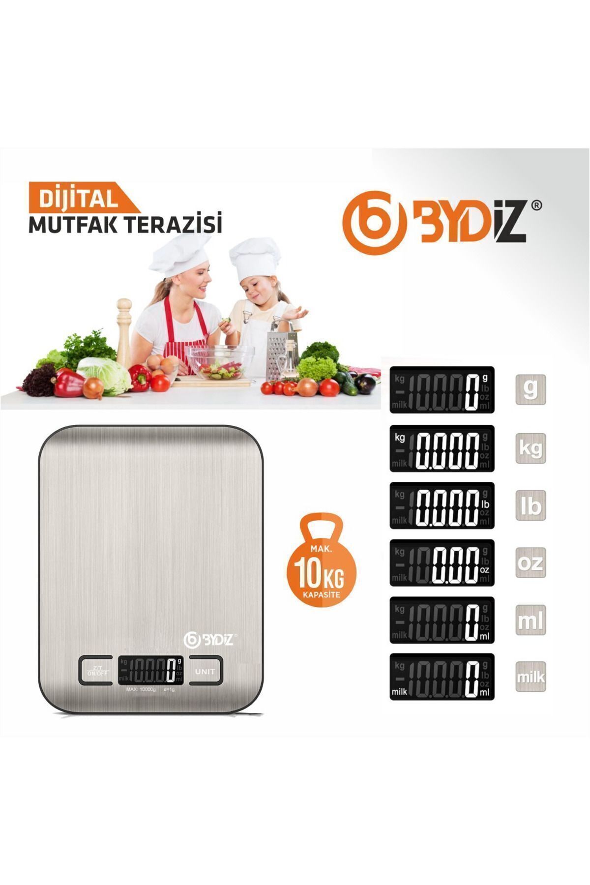 bydiz Dijital Mutfak Terazisi 10 Kg 1 Gr Hassas Mutfak Tartısı Paslanmaz Çelik Yüzey + Pil Hediyeli BY-005 - Görsel 3