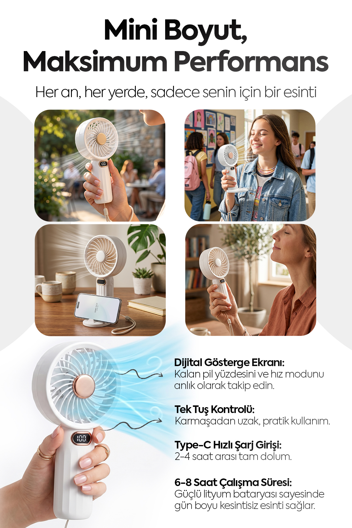 CLNK Dijital Ekranlı 5 Kademeli Turbo Üfleme El Ve Masa Fanı Taşınabilir Şarjlı El Fanı Vantilatör - Görsel 3