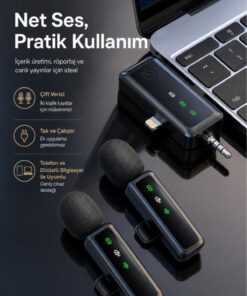 Torima Yaka Mikrofonu Type-C Lightning Aux 2 Adet 3IN1 Kablosuz Mikrofon H68 Siyah - Görsel 3