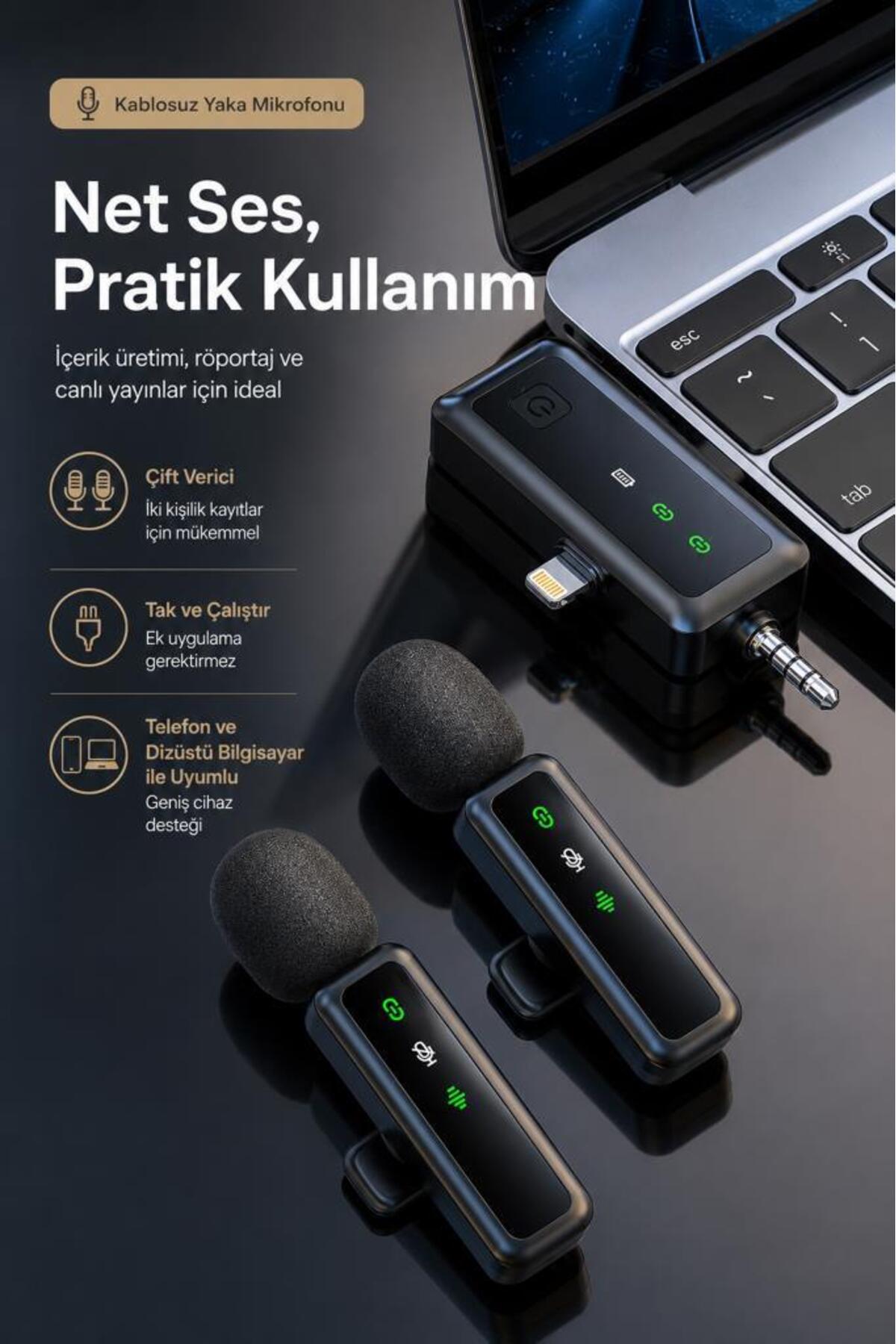 Torima Yaka Mikrofonu Type-C Lightning Aux 2 Adet 3IN1 Kablosuz Mikrofon H68 Siyah - Görsel 3