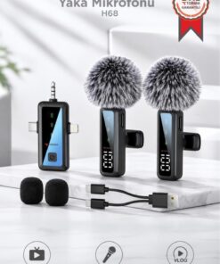 Torima Yaka Mikrofonu Type-C Lightning Aux 2 Adet 3IN1 Kablosuz Mikrofon H68 Siyah