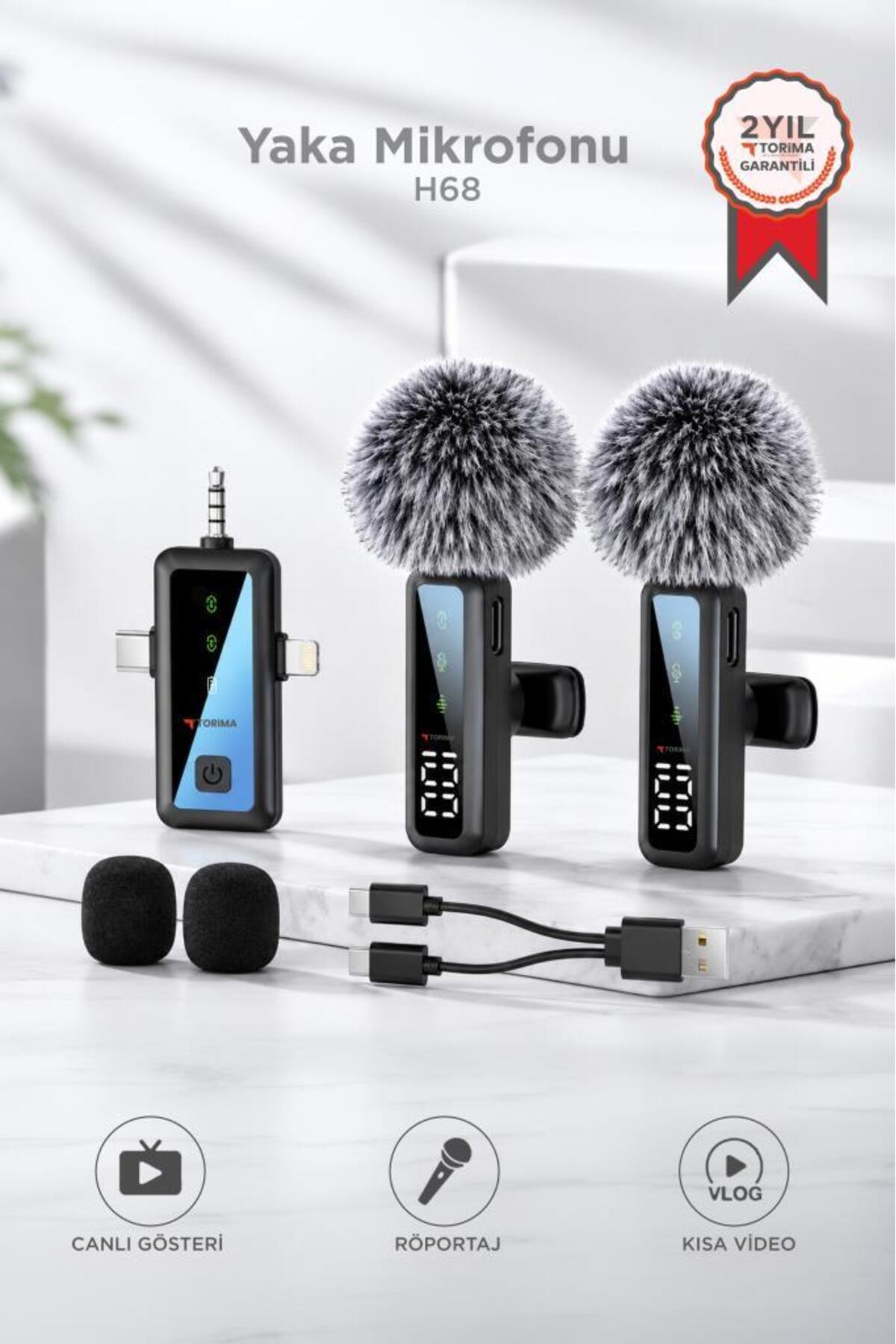 Torima Yaka Mikrofonu Type-C Lightning Aux 2 Adet 3IN1 Kablosuz Mikrofon H68 Siyah