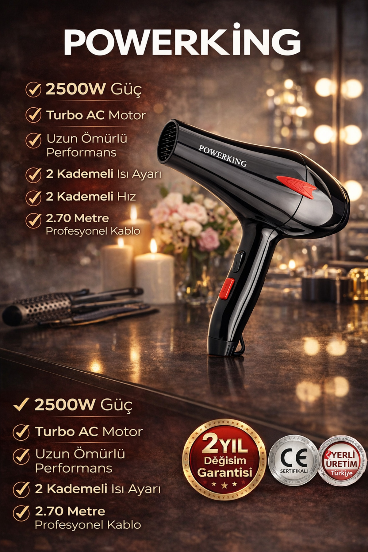 POWERKİNG 2500 Wt Profesyonel Fön Makinesi Kuaförlerin Tercihi 2Yıl Garanti İyonik Saç şekillendirici Hairdrey - Görsel 3