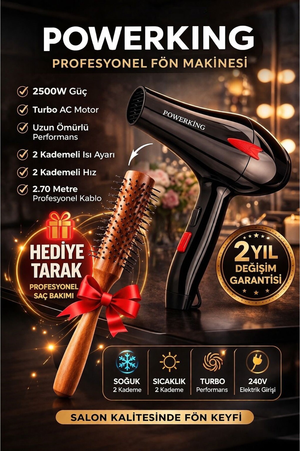 POWERKİNG 2500 Wt Profesyonel Fön Makinesi Kuaförlerin Tercihi 2Yıl Garanti İyonik Saç şekillendirici Hairdrey