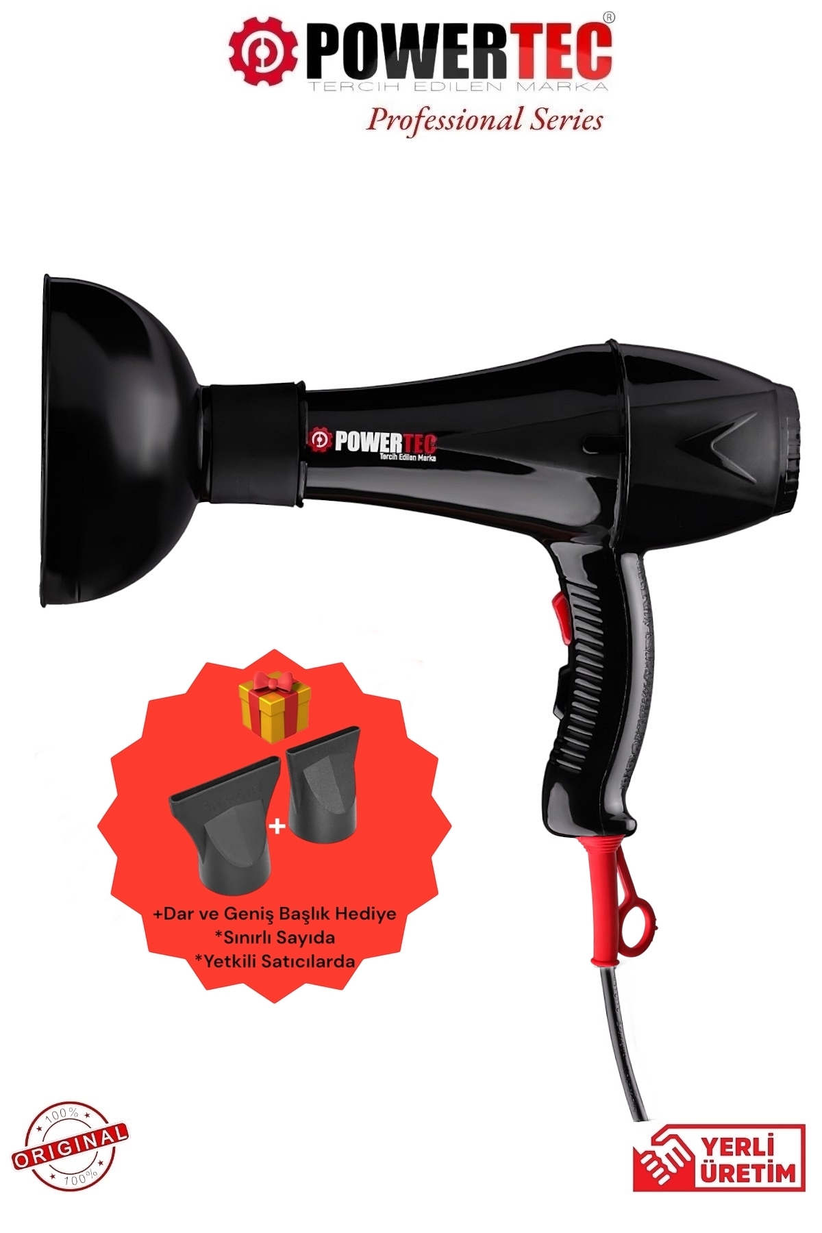 Powertec TR-901 Profesyonel 2500W Saç Kurutma & Fön Makinesi ve Difüzör Hacimlendirici Başlık