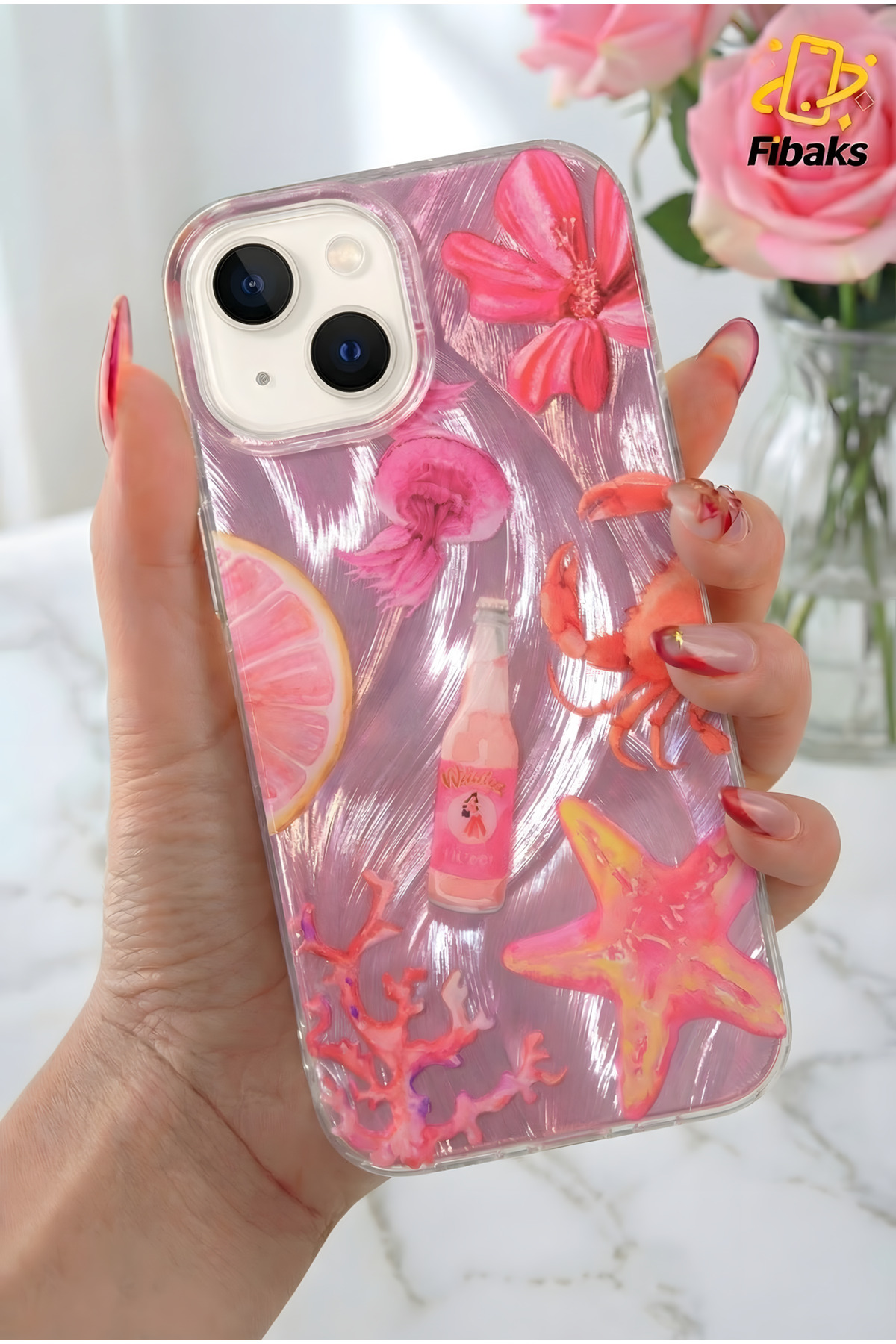 Fibaks iPhone 13/14/15 Kılıf Hologramlı Pembe Yengeç Mercan Desenli Darbe Emici Kamera Korumalı Silikon