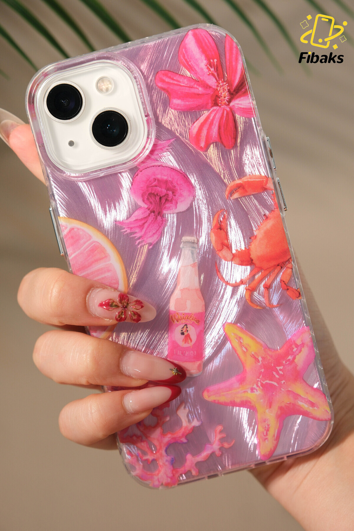 Fibaks iPhone 13/14/15 Kılıf Hologramlı Pembe Yengeç Mercan Desenli Darbe Emici Kamera Korumalı Silikon - Görsel 3