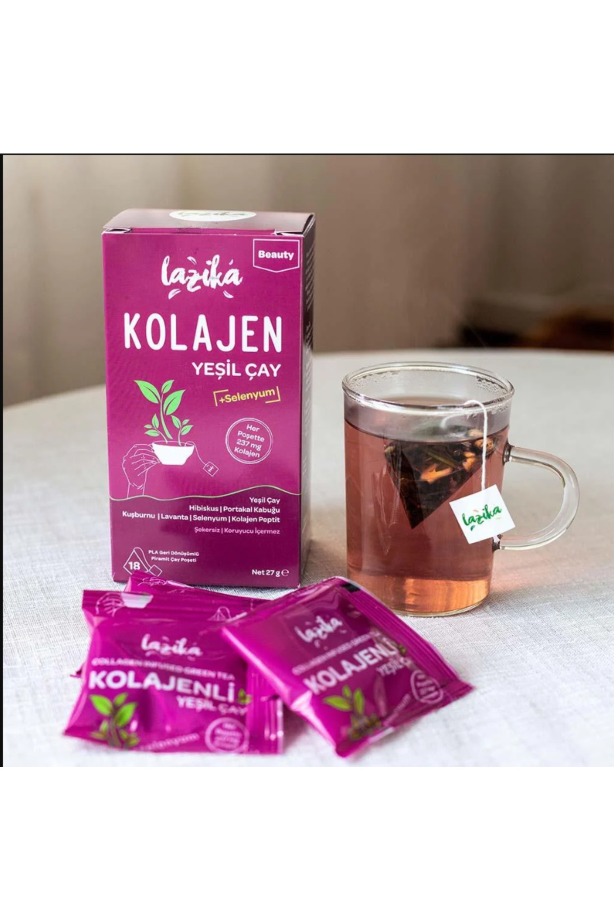 LAZİKA Kolajenli Yeşil Çay - (Cilt Ve Eklem Sağlığını Destekler) 18 adet PLA Piramit Poşet - Görsel 3