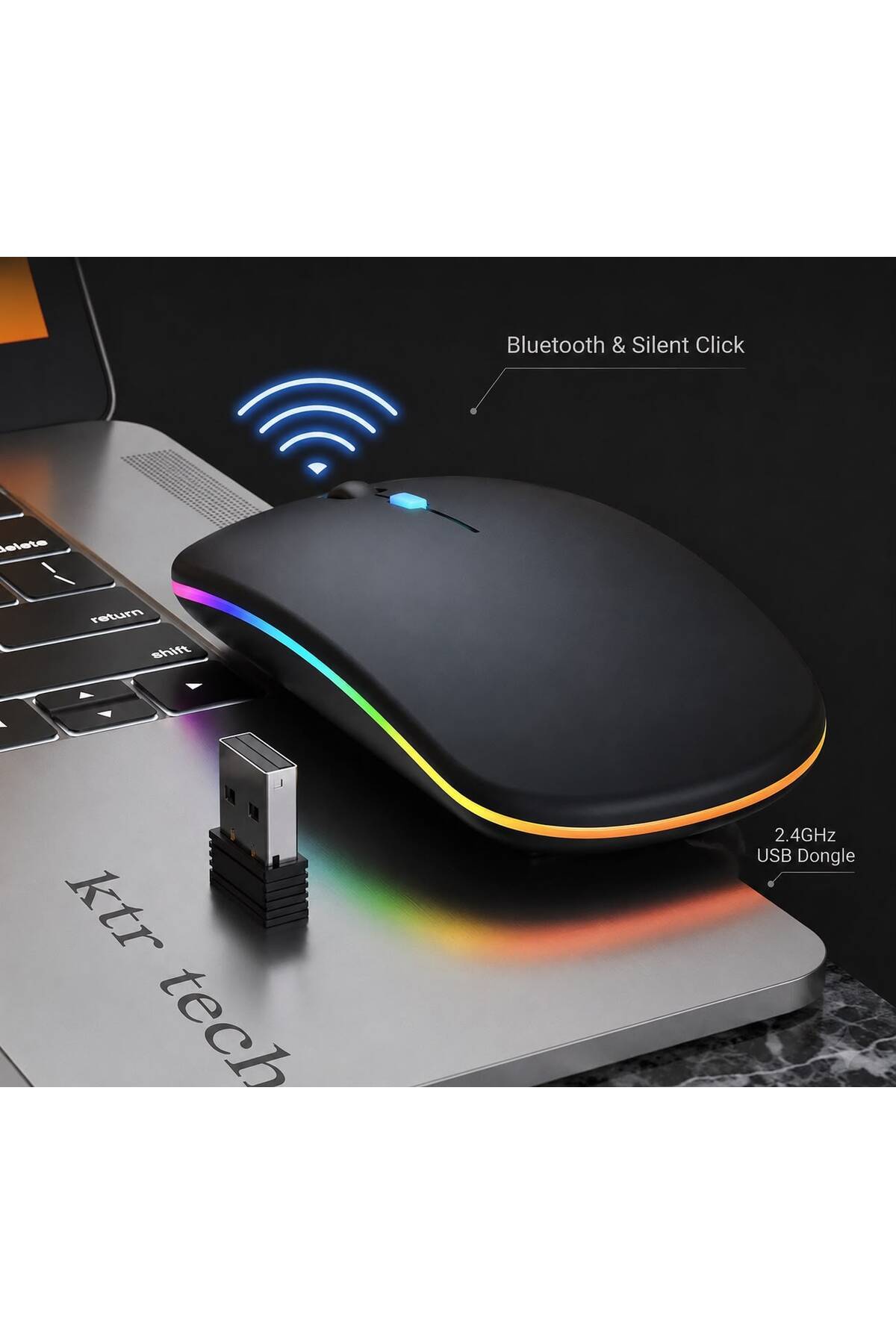 Genel Markalar Şarjlı Kablosuz Sessiz Mouse Rgb Led Işıklı Ultra Slim Usb 2.4ghz Siyah Ledli 800/1200/1600dpi