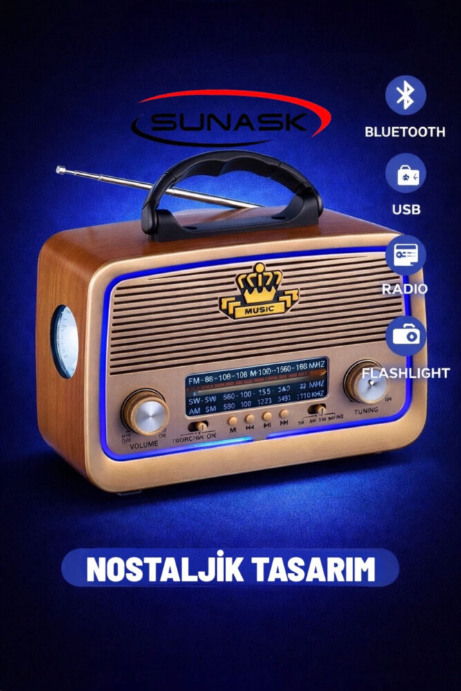 Sunask Sn-301 Bluetooth’lu Ledli Nostaljik Görünümlü Müzik Kutusu Usb Sd Kart Radyo Mp3 Çalar El Feneri - Görsel 2