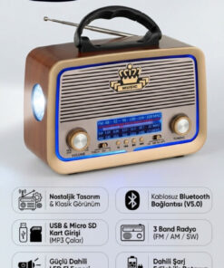 Sunask Sn-301 Bluetooth’lu Ledli Nostaljik Görünümlü Müzik Kutusu Usb Sd Kart Radyo Mp3 Çalar El Feneri